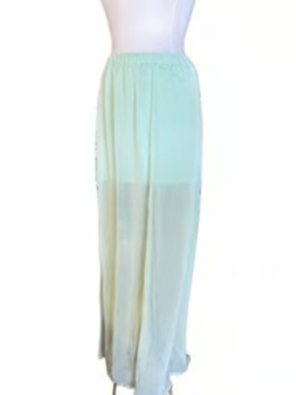 Express Flowy Green Sheer Overlay Medium Maxi Skirt Elastic Waist Slit Airy